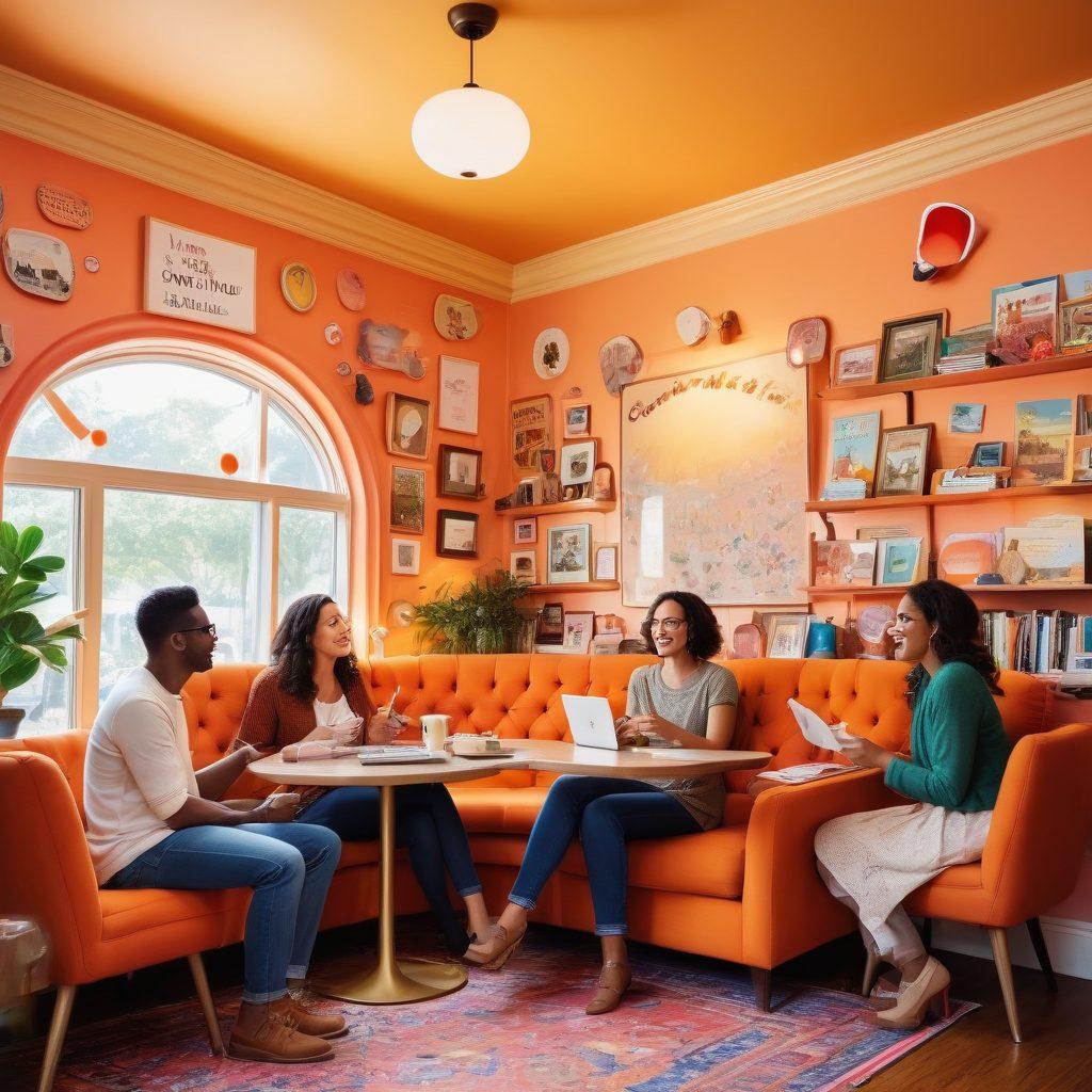 A whimsical scene featuring a group of diverse adults sitting in a cozy coffee shop, animatedly sharing their blogging stories, with laughter and colorful speech bubbles above their heads. The background is filled with quirky decor and bookshelves, highlighting the fun and creative aspects of blogging. Include a playful atmosphere with warm lighting and inviting colors. cartoon style. vibrant colors. cozy ambiance.