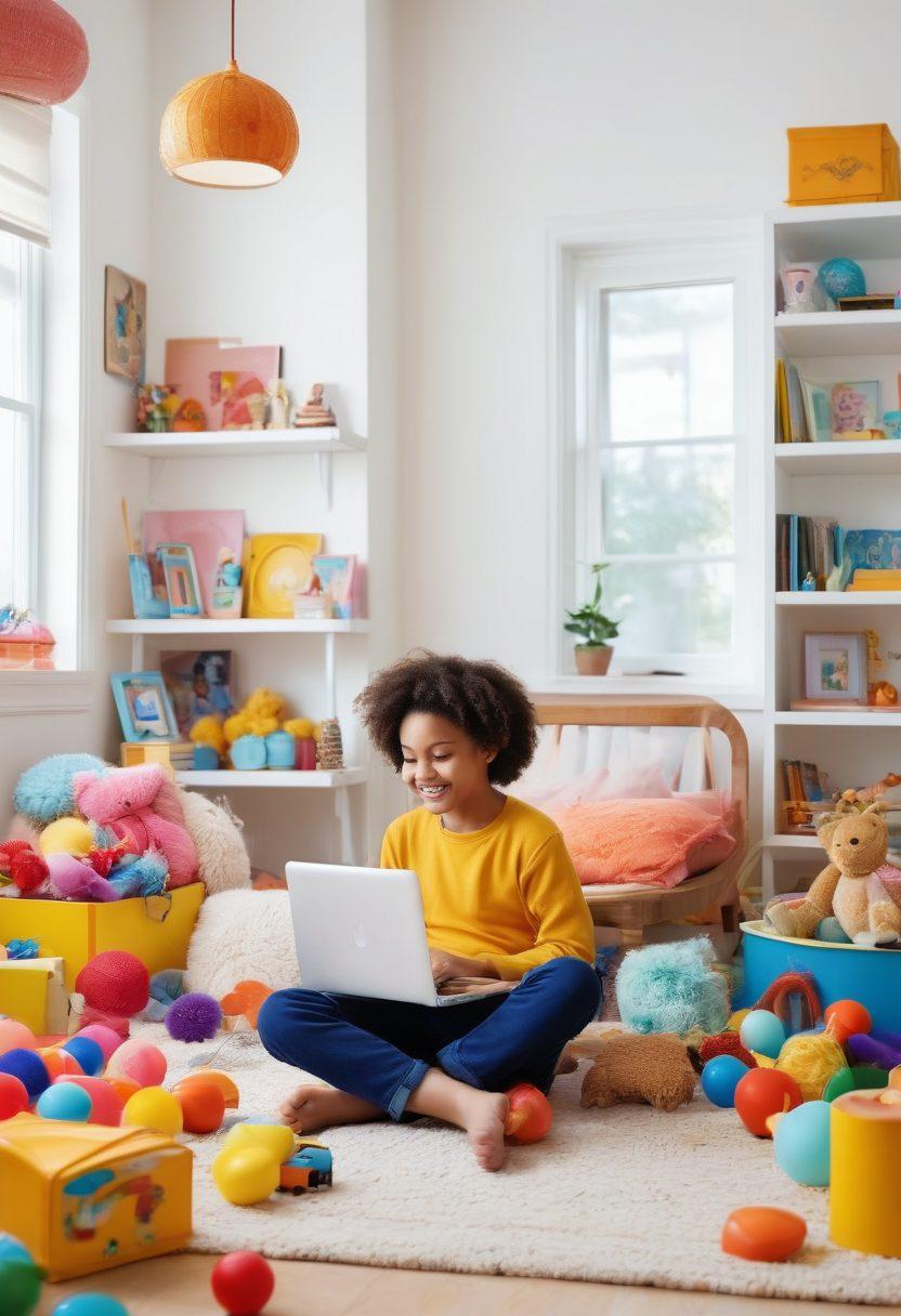 A whimsical scene portraying a vibrant, playful transition from childhood to adulthood. On one side, a joyful child with a wide smile playing with colorful toys; on the other, an adult indulging in interactive blogging on a laptop, surrounded by stylish decor. The background blends dreamy, bright colors symbolizing creativity and discovery. super-realistic. vibrant colors. white background.