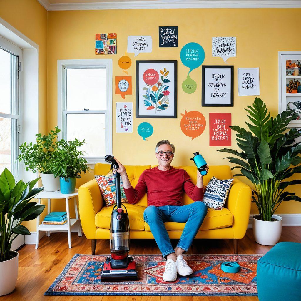 A whimsical scene featuring a smiling adult juggling household items like a vacuum, plants, and a laptop, with comic-style speech bubbles containing humorous quotes. The background shows a cozy living room with quirky decor, filled with laughter and vibrant colors. This illustration captures the essence of adulting with humor, creating an engaging and relatable atmosphere. cartoon style. vibrant colors.